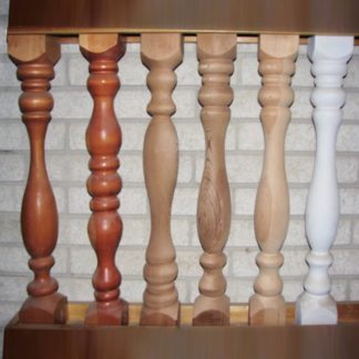 Six large turned cedar wood spindle balusters in various styles and finishes including stained and white painted