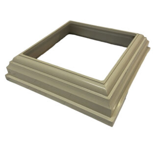 Khaki vinyl post trim ring assembled for deck railing on white background