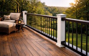 Aluminum balusters with vinyl railing and composite decking make a great combination.