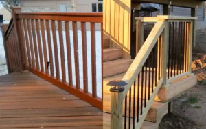 Side by side comparison of wood balusters on a cedar deck railing and black aluminum balusters in white vinyl railing